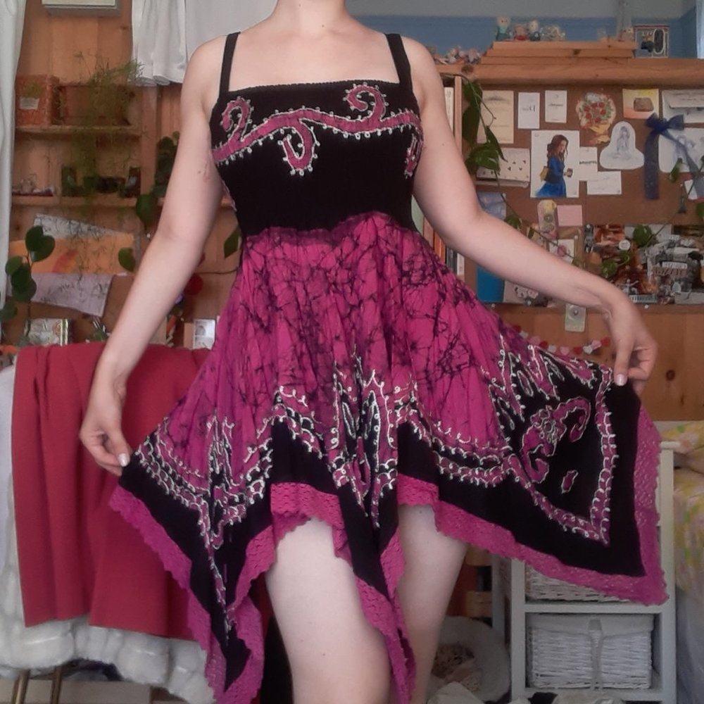 Pink and black tie dye embroidered handkerchief hem lace fairy core grunge dress